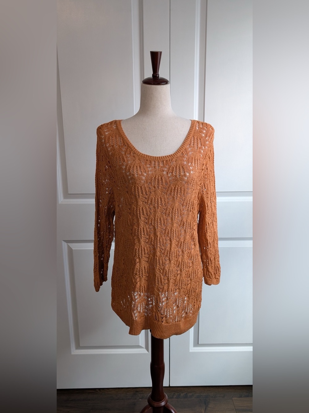 J. Jill Open Knit Sweater Tunic Scoop Neck 3/4 Sleeve Size Large in Rust Orange